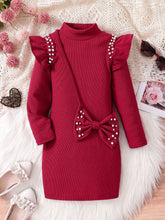 Toddler Girls Long Sleeve Ruffle Beaded High Neck Dress, Cute, Comfy, Elegant Fashion, Autumn 2024